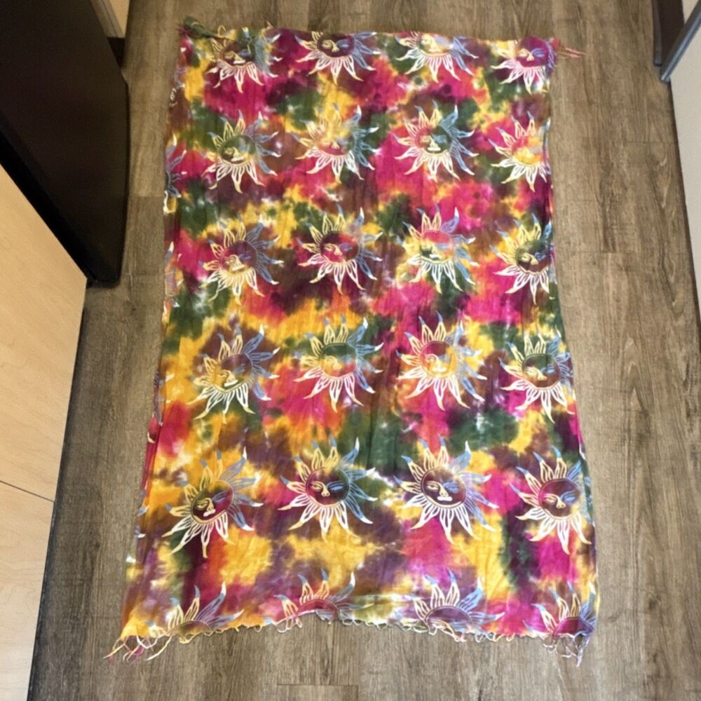 Multicolor Tie Dye Rectangle Scarf with Fringe for Women Bohemian Festival Style
